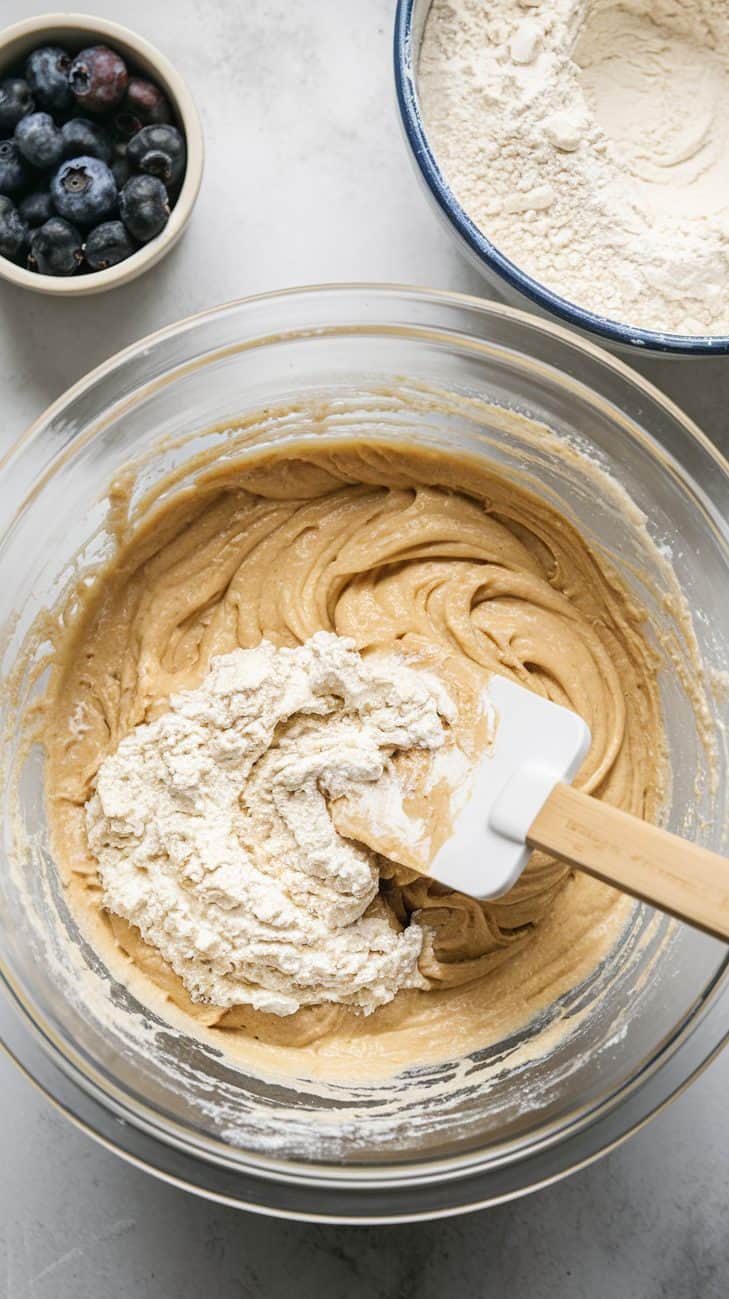A top-down view of a glass mixing bowl as flour is being folded into a batter. The batter has swirls of golden liquid mixing with a little white flour as it starts to come together.
The white rubber spatula with a wooden handle is mid-stir, coated with batter.
On the background is a small bowl of blueberries and a big bowl of flour.