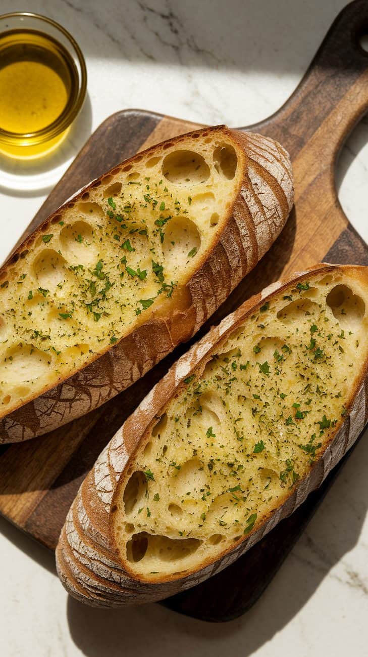 Top view of 2 thick long sourdough garlic bread slices (cut lengthwise) arranged on a wooden serving board. White marble surface. The inside is crispy, moist, golden, buttery, and showcases bits of parsley and pepper. A small dish of herbed olive oil sit nearby. A sprig of fresh parsley garnishes the scene, with warm, inviting lighting highlighting the textures.