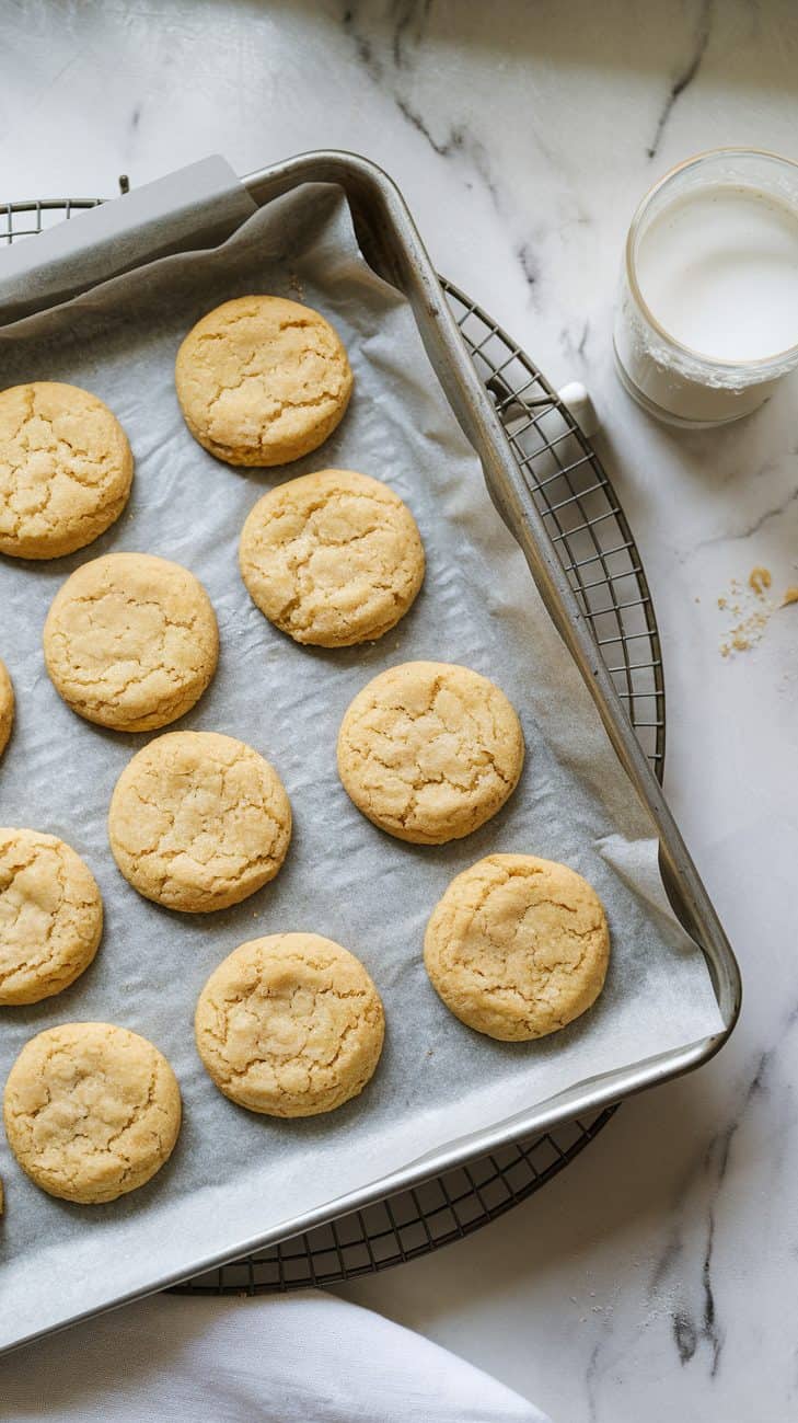 A tray of freshly baked sourdough sugar cookies resting on a parchment-lined baking sheet set on a wire cooling rack. White marble surface. Soft, natural lighting.