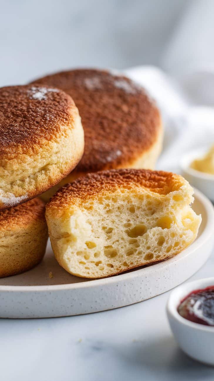 A heap of puffy, freshly baked sourdough English muffins on a ceramic plate