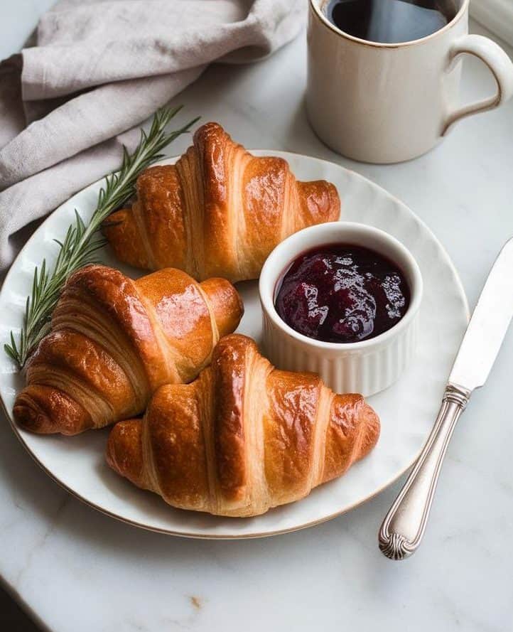 Three sourdough croissants served on a ceramic plate with a bowl of jam and a garnish of rosemary. Behind the plate are a mug of coffee and a kitchen towel.