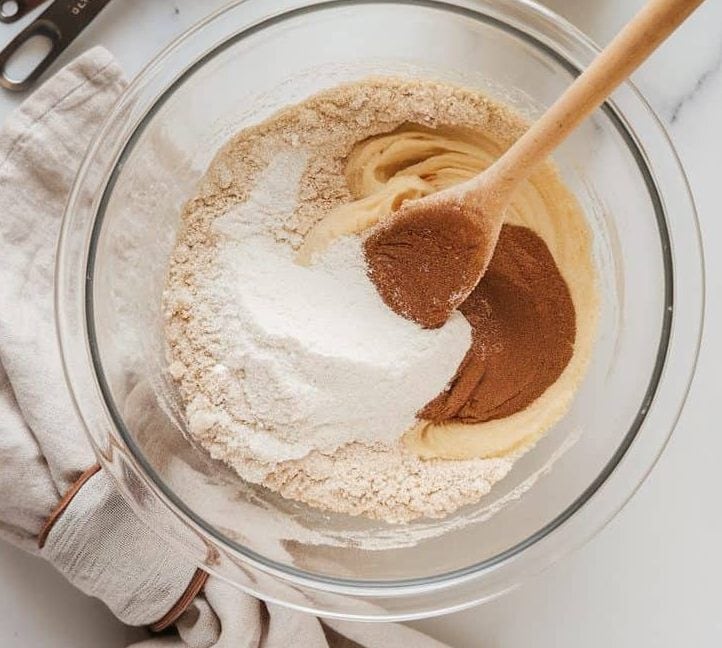 Sourdough starter, flour, cornstarch, brown sugar, baking powder, baking soda, cinnamon, nutmeg (if using), and salt mixed in a glass bowl