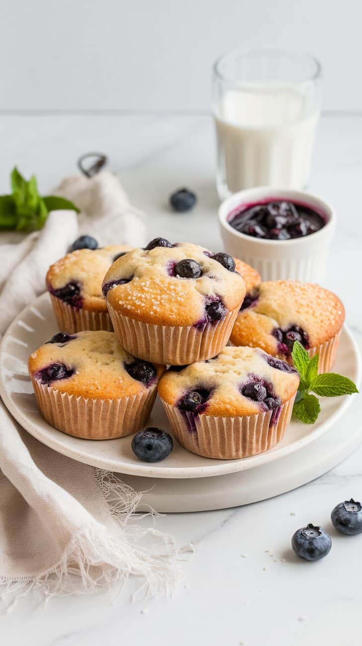 A batch of freshly baked sourdough blueberry muffins arranged elegantly on a white ceramic plate. The muffins are slightly golden on top, with a sprinkling of coarse sugar for a delightful crunch. Each muffin is studded with plump, juicy blueberries that peek through the fluffy exterior. A small white ceramic bowl filled with homemade blueberry compote sits beside the plate, inviting guests to add a dollop on top. A few fresh blueberries and a sprig of mint are artfully scattered around the plate for a pop of color. In the background, a clear glass of chilled almond milk complements the muffins, while a light-colored, textured linen napkin adds a touch of warmth to the overall presentation. The scene is set against a clean white marble surface, ensuring that the focus remains on the scrumptious muffins.