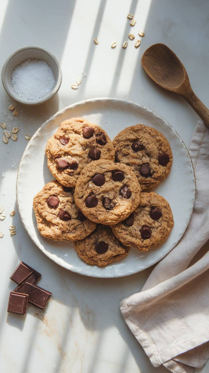 Top view of a freshly baked sourdough oatmeal chocolate chip cookies on a ceramic plate surrounded by a wooden spoon, a bowl of sugar, a kitchen towel, oats, and chocolate bars