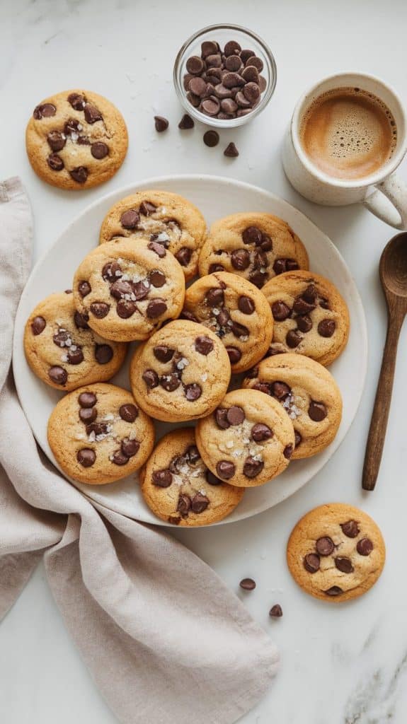 Top view of a ceramic plate of sourdough chocolate chip cookies sprinkled with sea salt for a gourmet touch. Beside the plate are a kitchen towel, a wooden spoon, a mug of coffee, and a small glass of chocolate chips.