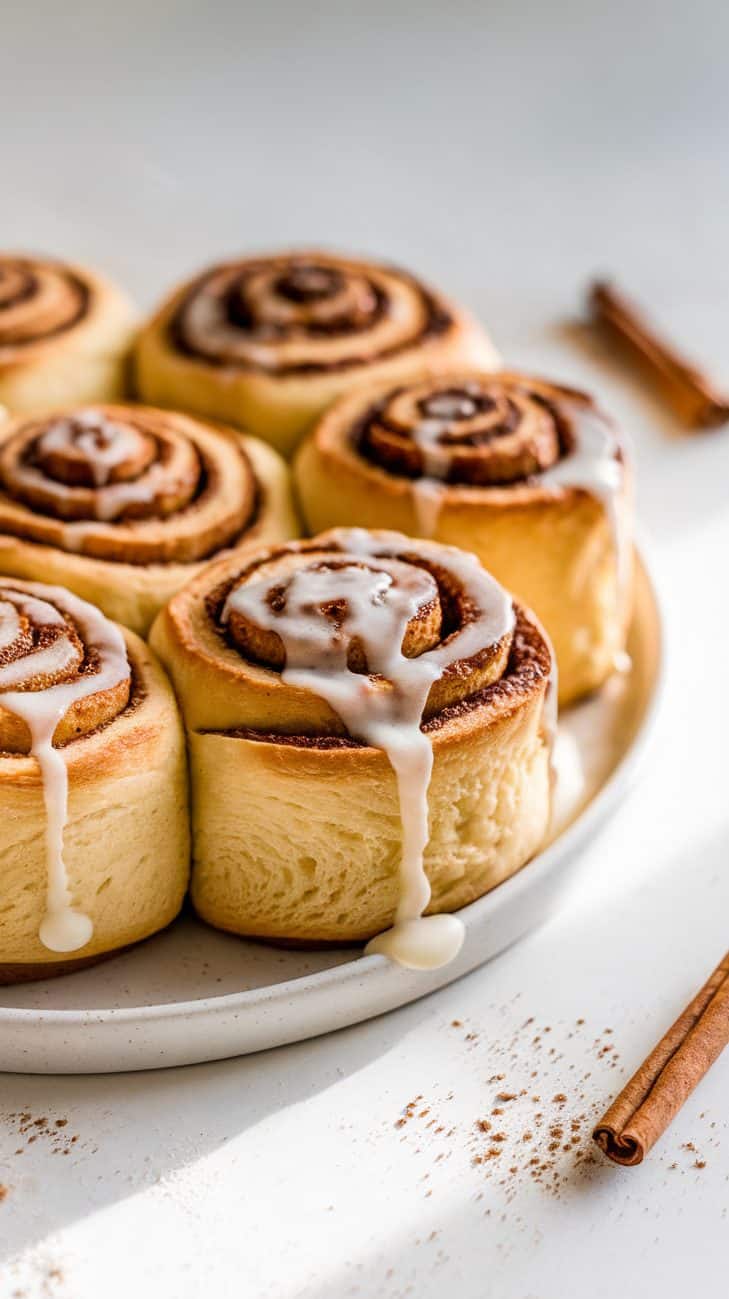 A close-up shot of freshly baked sourdough discard cinnamon rolls arranged on a clean white ceramic plate. The rolls are golden brown with a glossy finish, showcasing their fluffy, layered texture. A light drizzle of cream cheese icing cascades over the top, creating a soft contrast against the warm colors of the rolls. The cinnamon swirls within the roll are visible, highlighting the rich, spicy filling. In the background, place a few scattered cinnamon sticks and a dusting of flour to suggest the baking process, but keep the overall composition clean and focused on the rolls. Utilize soft, natural lighting to gently illuminate the scene, casting subtle shadows that enhance the rolls' dimension and inviting appeal.