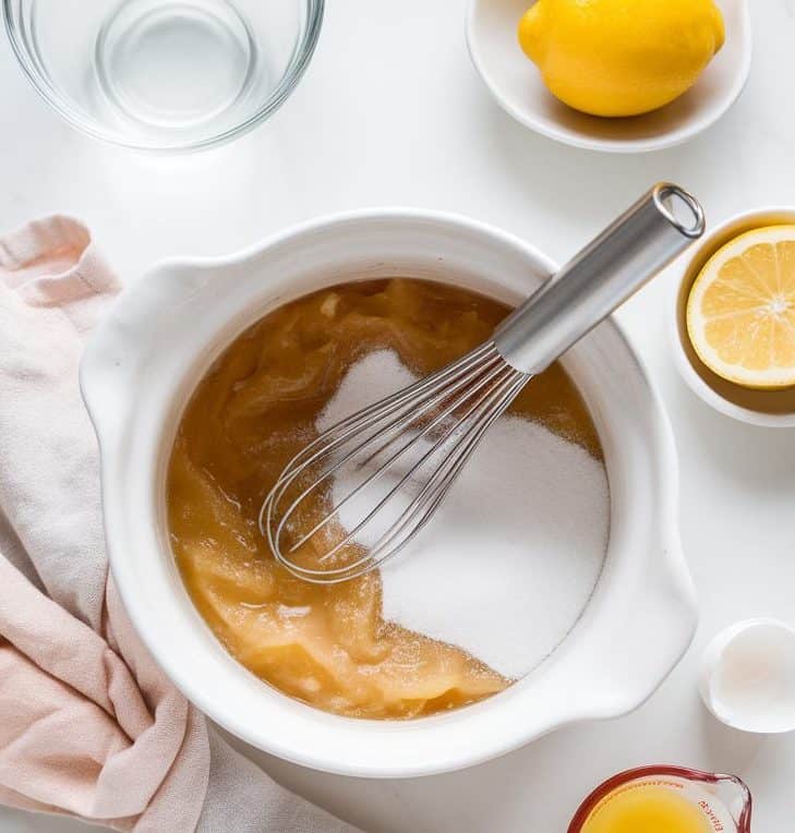 A white ceramic bowl on a white marble surface. Inside the bowl, an active sourdough starter, unsweetened applesauce, and granulated sugar are being mixed together with a whisk. The whisk’s metal shine catches the soft, natural light streaming in. Nearby, a clear glass bowl contains the cracked eggs, while a white ceramic dish holds the zest of a large lemon, bright and aromatic. A folded linen napkin in a soft pastel color adds a gentle touch of warmth to the scene, and a small measuring cup with fresh lemon juice sits off to the side, ready for the next step. The arrangement emphasizes freshness and clarity, with a focus on the action of blending the ingredients.