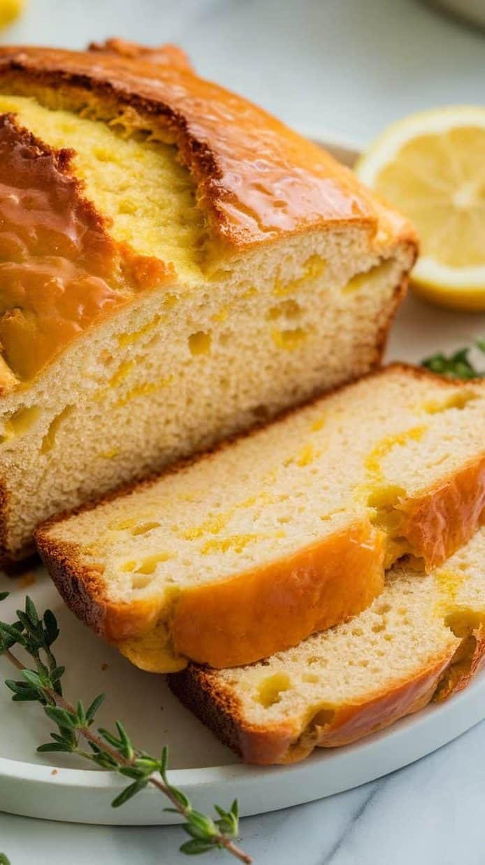 A close-up shot of the freshly baked sourdough lemon loaf, highlighting its golden-brown crust that is slightly cracked, revealing the moist, fluffy interior. The loaf features visible citrus zest and the glossy sheen of fresh lemon glaze on top, accentuating its vibrant flavor. The sliced portions are arranged on a clean white ceramic plate, showcasing the soft, airy texture and layering of the loaf. A sprig of fresh lemon thyme or a slice of lemon can be artistically placed beside the loaf for an added touch of color and freshness. The background consists of a soft white marble surface to enhance the visual appeal, with natural, soft lighting casting gentle shadows that emphasize the loaf's inviting warmth and freshness.