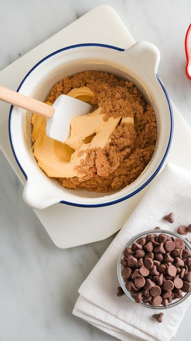 Creaming butter and brown sugar in a ceramic bowl with a spatula. Surrounding the bowl are a kitchen towel, a glass bowl of chocolate chips, and a measuring cup.