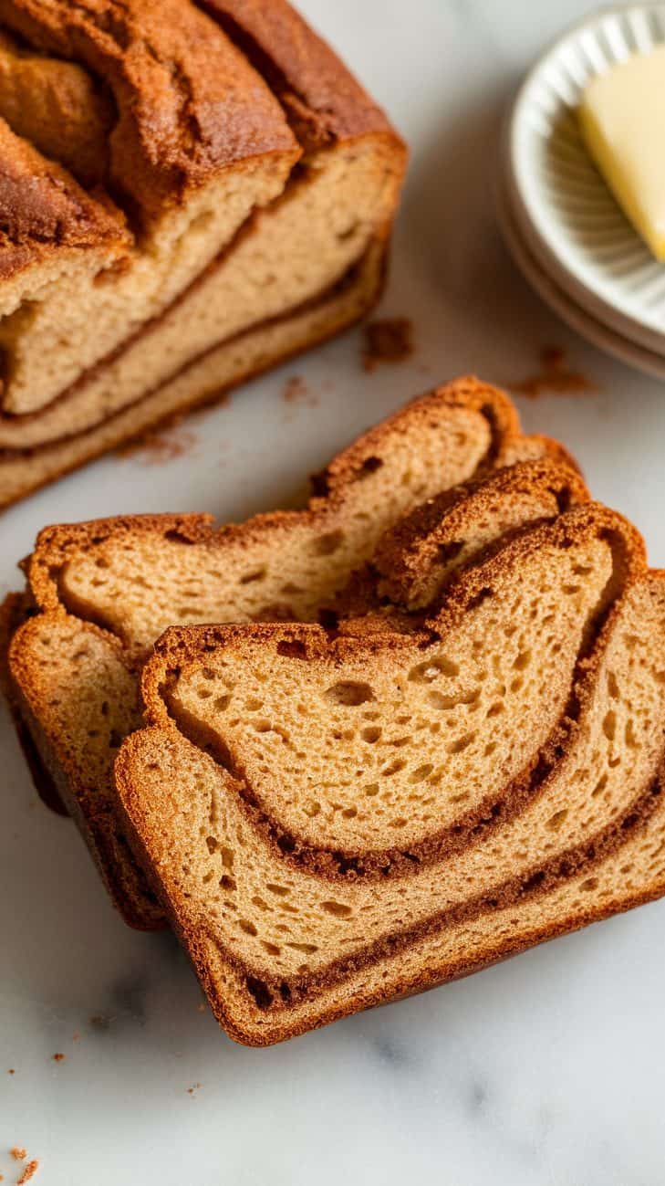 Close-up shot of sourdough cinnamon bread slices with the loaf in the background on a white marble surface. A small plate of butter rests nearby.