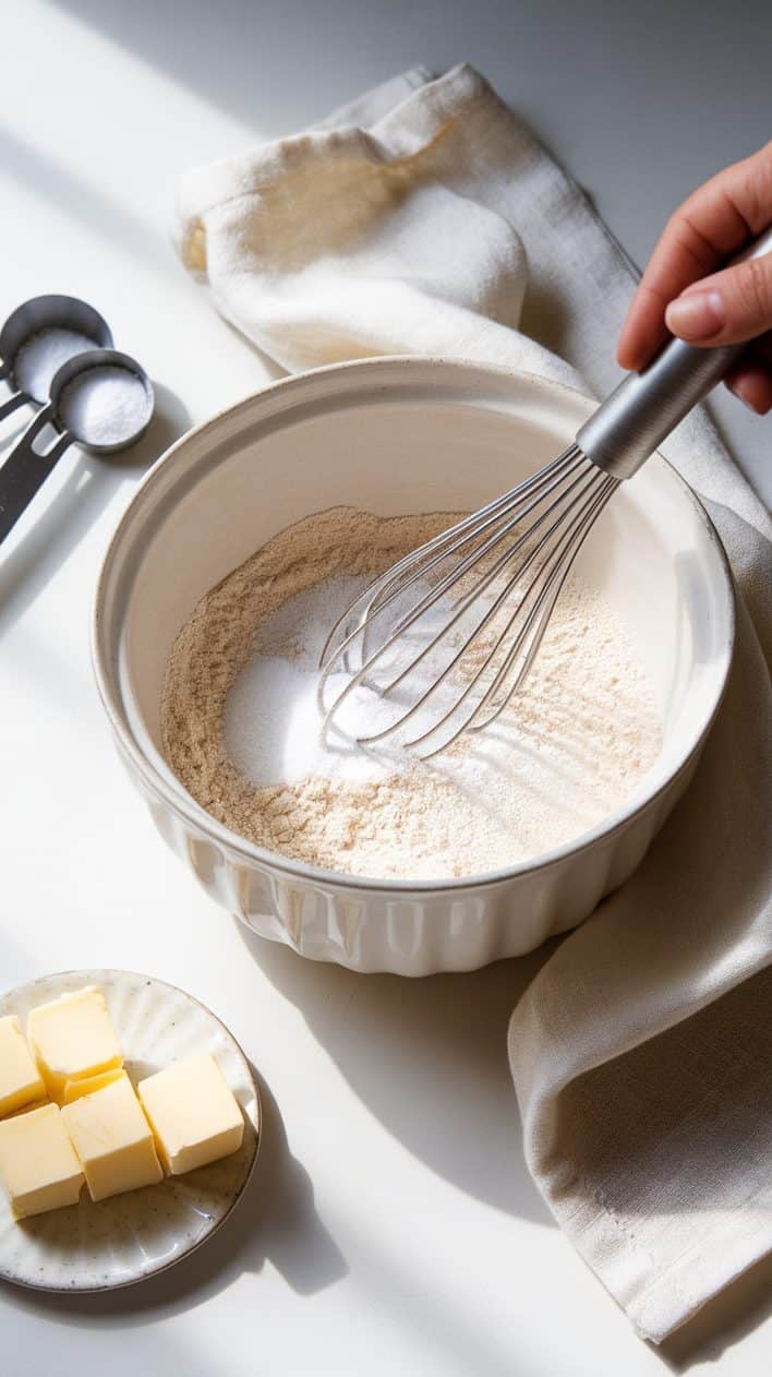 Dry ingredients for sourdough biscuits whisked inside a bowl 