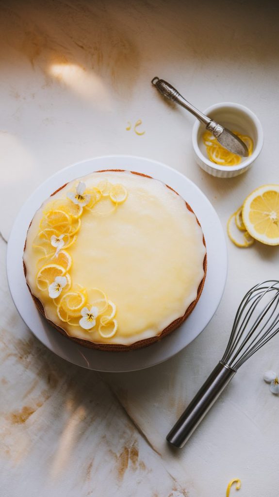 A freshly baked sourdough lemon cake with lemon glaze and lemon toppings, served on a ceramic plate and surrounded by lemon slices, a whisk, and a small ceramic bowl of lemon juice