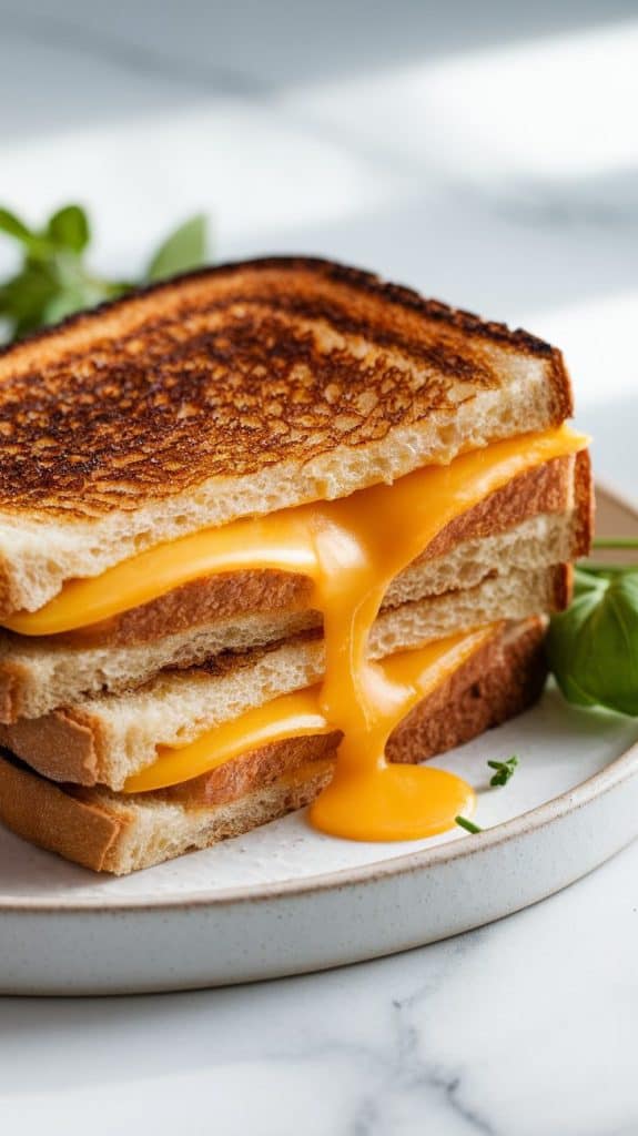 A close-up shot of a beautifully assembled sourdough grilled cheese sandwich resting on a white ceramic plate. The sandwich is perfectly golden-brown, with melted sharp cheddar cheese oozing out between the slices of crispy sourdough. Basil leaves surround the sandwich.