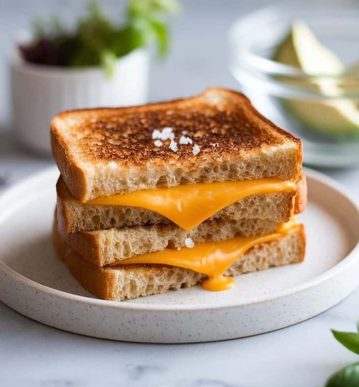 A close-up shot of a beautifully assembled sourdough grilled cheese sandwich resting on a white ceramic plate. The sandwich is perfectly golden-brown, with melted sharp cheddar cheese oozing out between the slices of crispy sourdough. A hand is mid-action, sprinkling a pinch of sea salt over the sandwich, adding a finishing touch. In the background, a small white ceramic bowl holds a mix of fresh herbs, such as basil and oregano, hinting at the potential for flavor enhancements. A soft-focus clear glass bowl partially visible to the side contains slices of ripe avocado, waiting to be added as a topping. The aesthetic is complemented by the soft natural lighting streaming in, highlighting the textures of the crunchy bread and gooey cheese against a serene white marble surface.