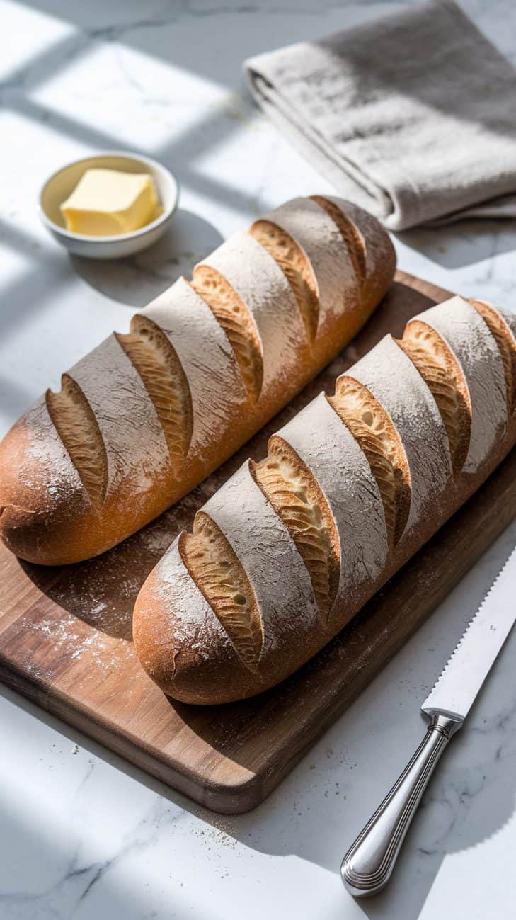 In a warmly lit, inviting setting, two long sourdough French bread loaves lie on a rustic wooden cutting board, their surfaces adorned with a few simple, straight horizontal scoring. White marble surface. A gleaming bread knife and a linen towel rest nearby, while a small dish of softened butter sits temptingly beside the loaves. The crisp crust of the breads are lightly dusted by a dusting of flour. Bright, natural lighting emphasizing an appealing atmosphere.