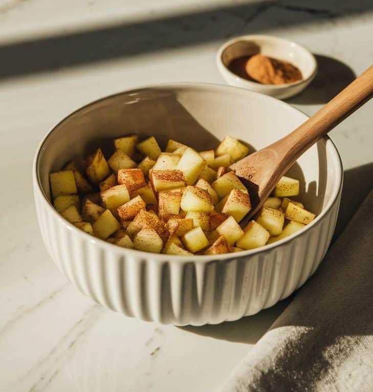 A white ceramic bowl on a white marble surface contains freshly diced apples tossed with cinnamon and sugar. The apples have a light coating of spice, giving them a slightly golden hue. A wooden spoon rests in the bowl, mid-action, as if mixing. Nearby, a small dish of extra cinnamon and sugar sits neatly, along with a folded linen napkin for a cozy baking touch.