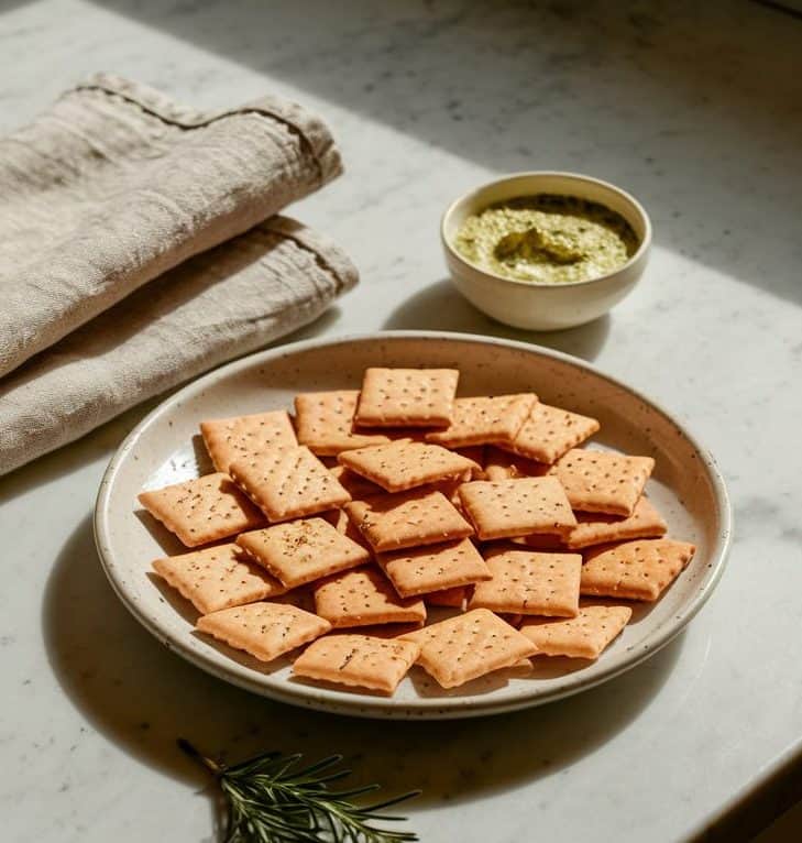 A ceramic plate holding simple small square lightly spiced sourdough crackers with a side of pesto-infused goat cheese dip. A rosemary sprig and a linen towel rest nearby. White marble surface. Bright natural lighting.