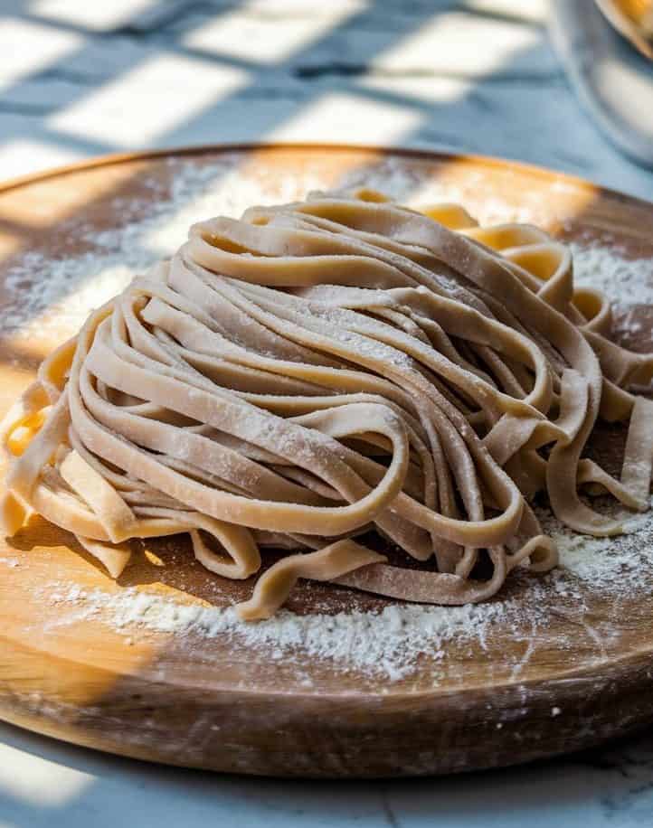 In a warmly lit kitchen, freshly cut egg noodles are lightly dusted with flour and spread out on a rustic wooden board, their delicate strands glistening invitingly. A white marble countertop in the background reflects the soft, golden light, adding a pristine contrast to the cozy atmosphere. The scene is captured in a detailed photograph that highlights the textures and hues of the ingredients, evoking a sense of culinary comfort and freshness.