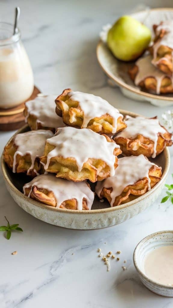 Several large puffy irregularly shaped sourdough apple fritters served on a ceramic bowl on a white marble table. The fritters are coated in white maple glaze. A small bowl of maple glaze sits beside the fritters. Soft natural light.